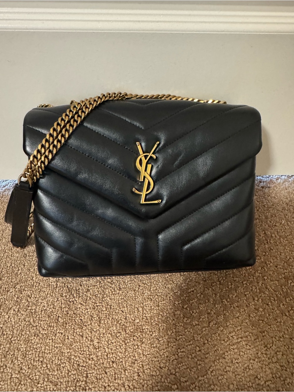 Saint Laurent Black Chevron Quilted Leather Shoulder Bag with Gold Hardware